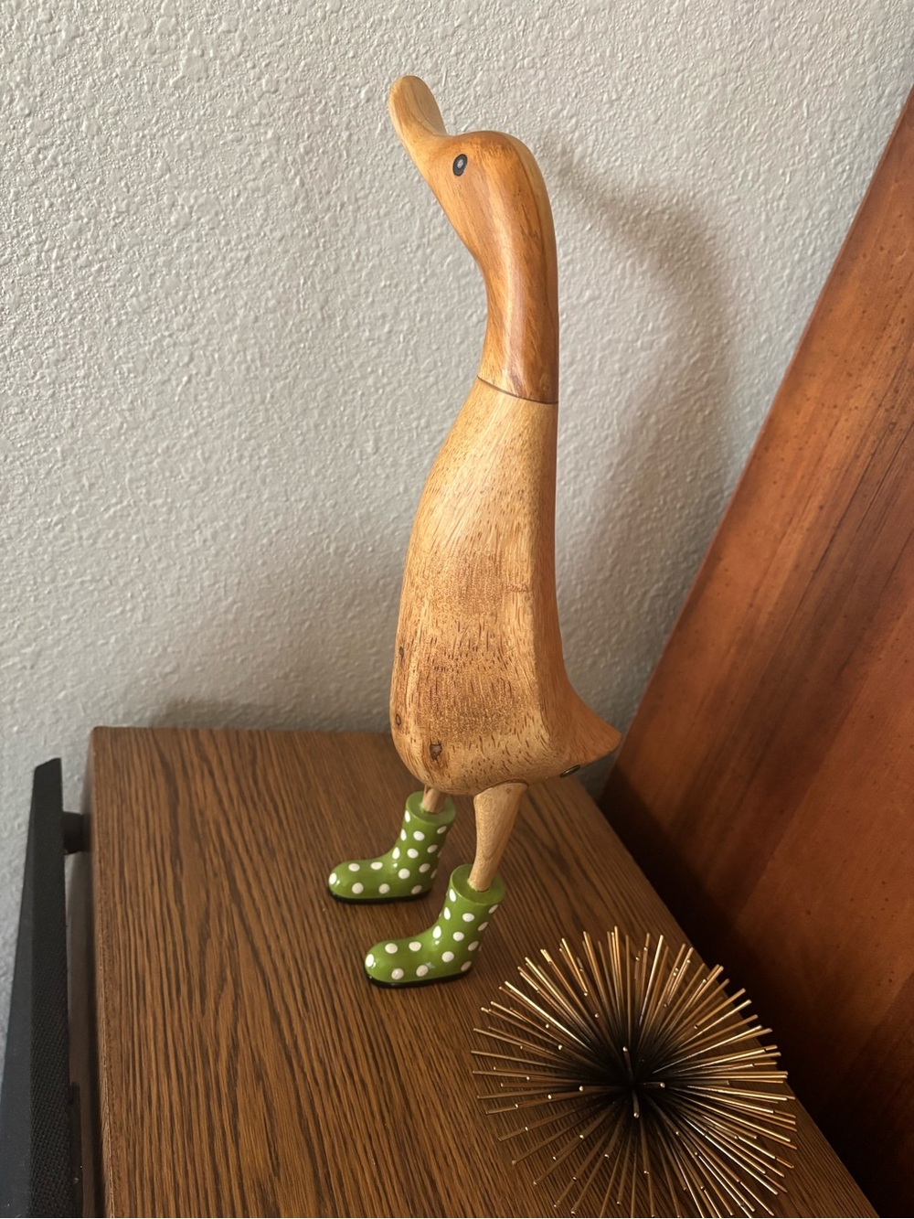 DCUK brand collectible Wooden Duck Figurine with Green Polka Dot Wellie Boots - Picture 3 of 8